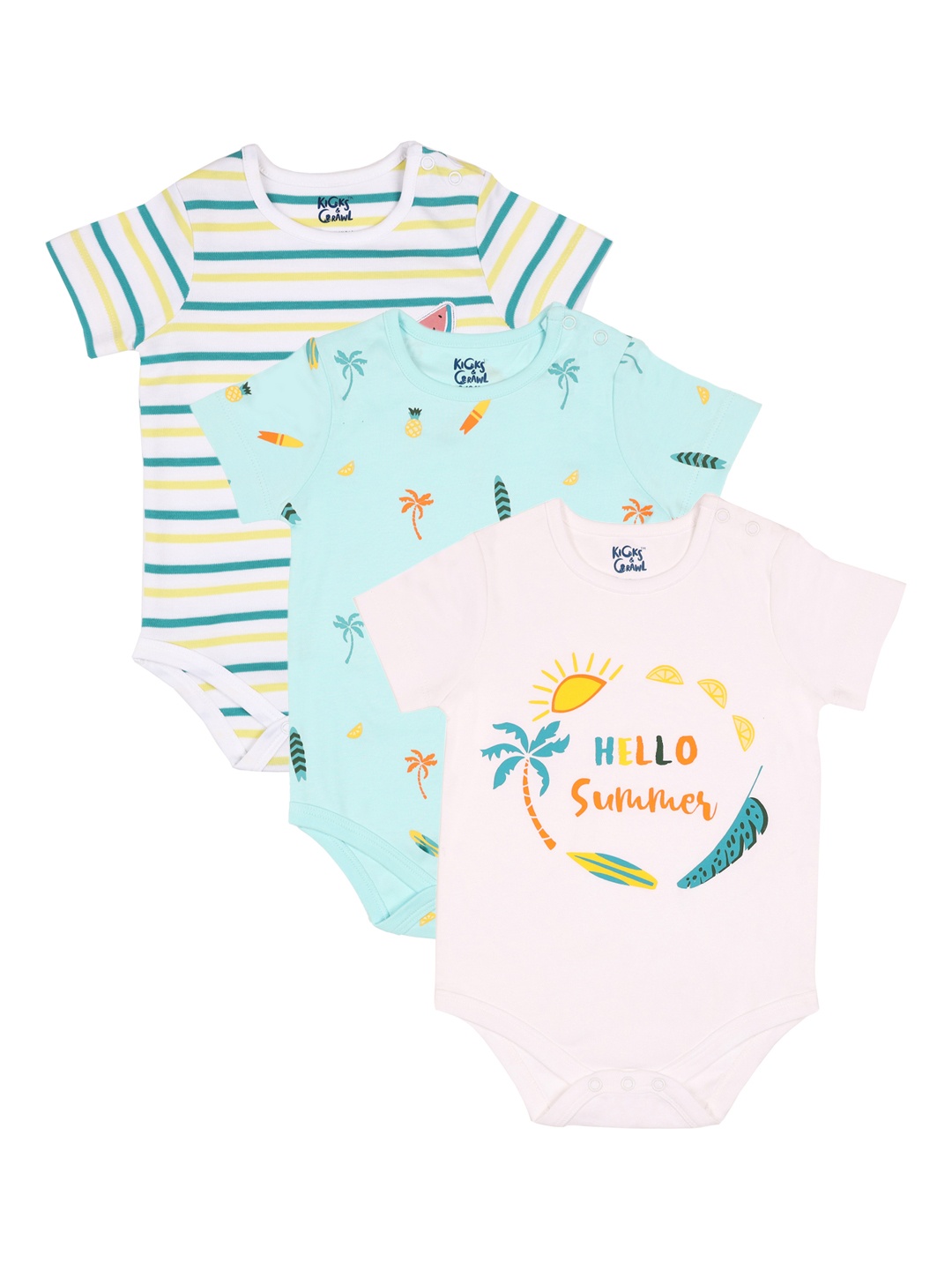 

KICKS & CRAWL Infant Boys Pack Of 3 Printed Cotton Bodysuits, White
