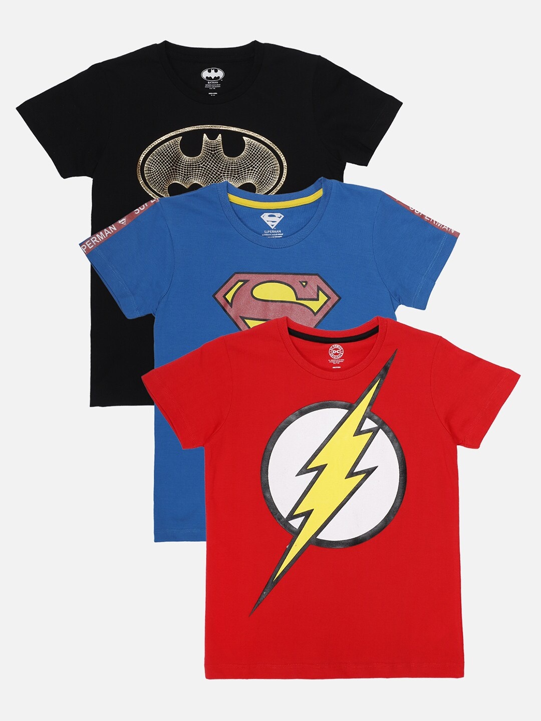 

Kids Ville Boys Black Blue Pack of 3 Justice League Printed Slim Fit Cotton Pure Cotton T-shirts