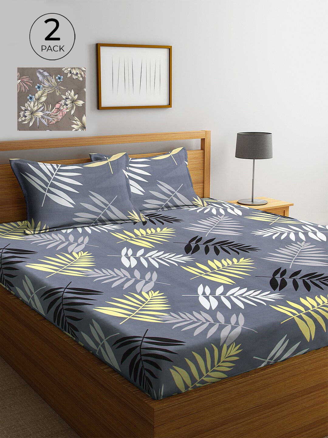 

KLOTTHE Set of 2 Grey & Brown Floral 300 TC King Bedsheet with 4 Pillow Covers