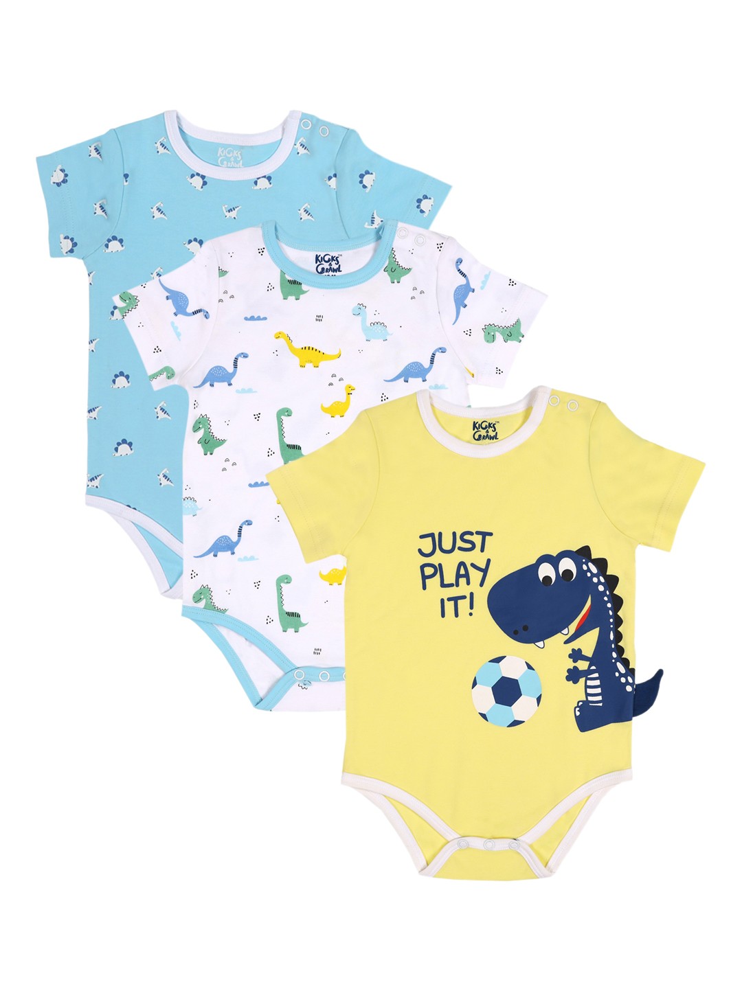 

KICKS & CRAWL Infant Boys Pack Of 3 Dino Printed Cotton Bodysuits, White