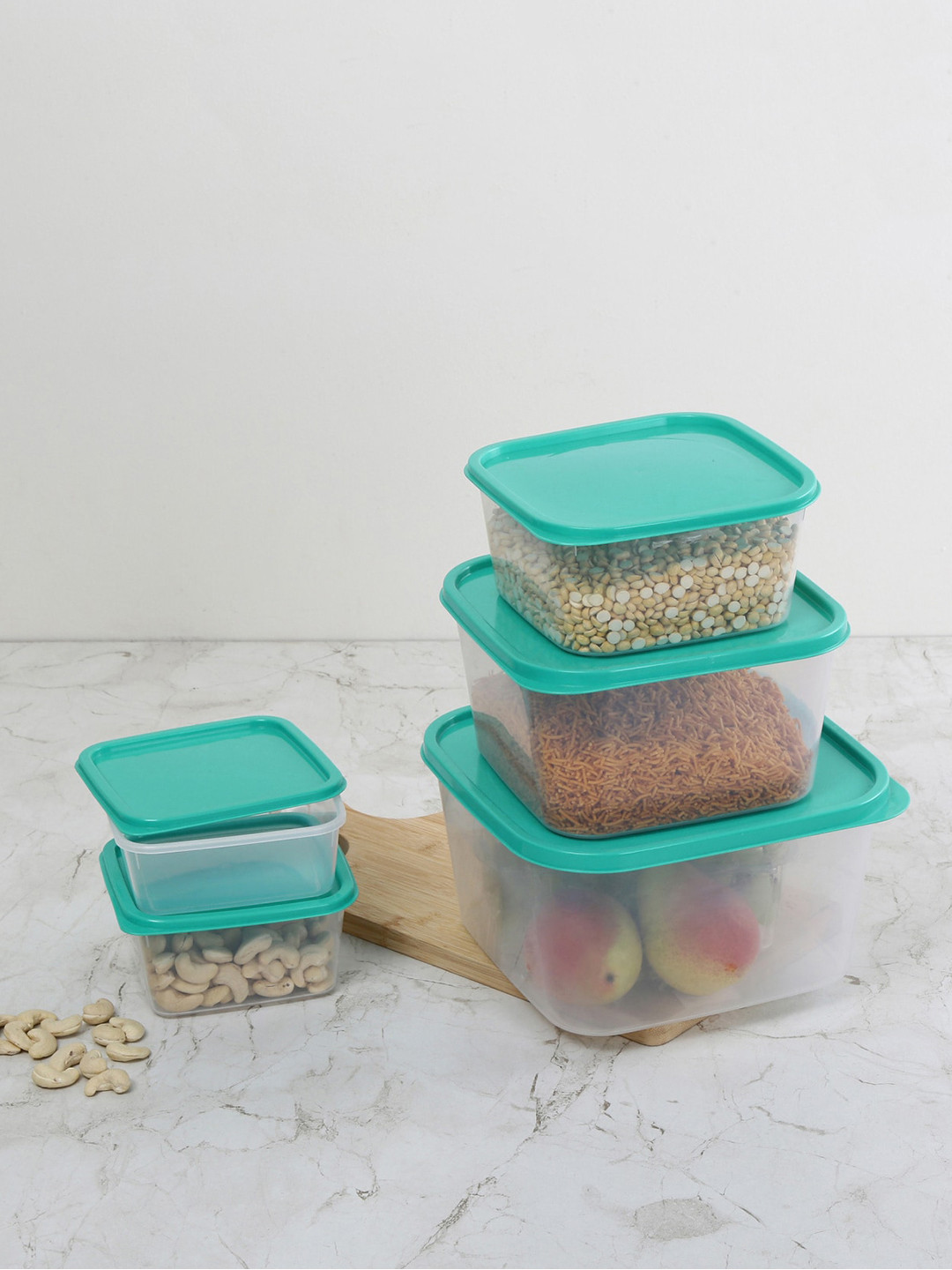 

Home Centre Set Of 5 Blue & Transparent Spinel Solid Kitchen Storage Containers