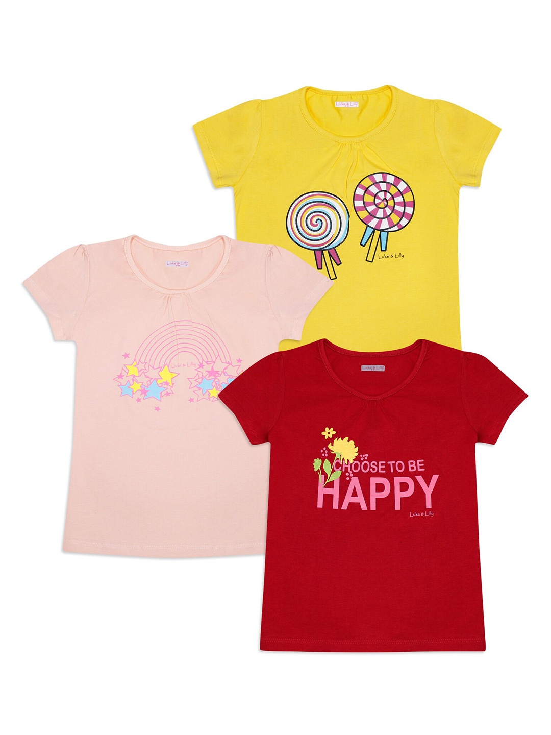 

Luke & Lilly Girls Yellow & Peach-Coloured Set of 3 Printed T-shirt