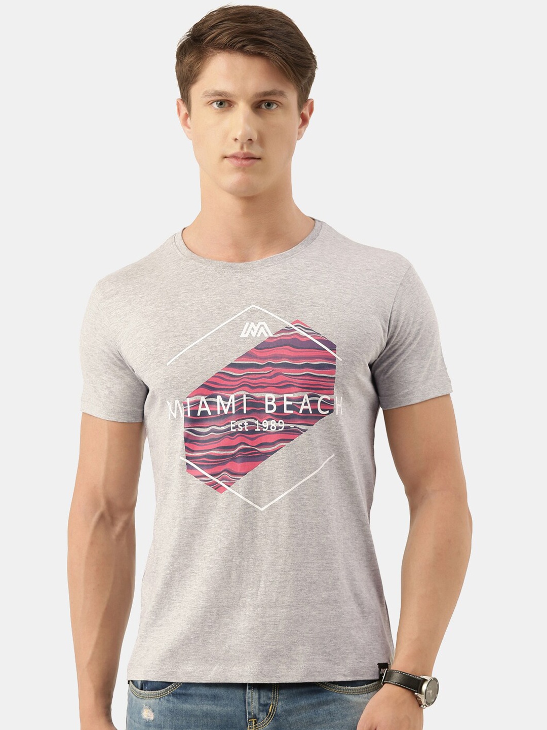 

MASH UNLIMITED Men Grey Typography Printed Slim Fit T-shirt