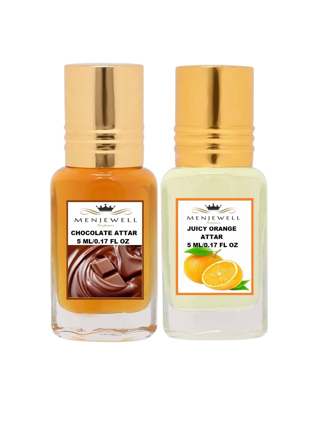 

Menjewell Set of 2 Chocolate & Juicy Orange Attar 10 ml, Transparent