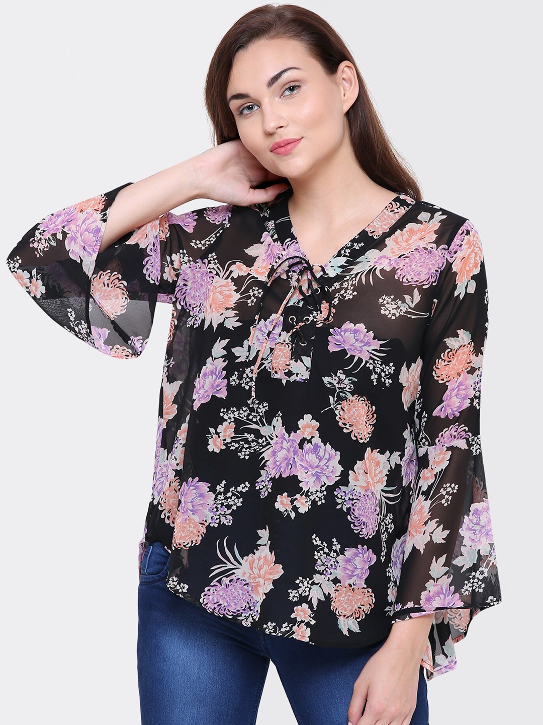 

Yaadleen Black Floral Georgette Shirt Style Top