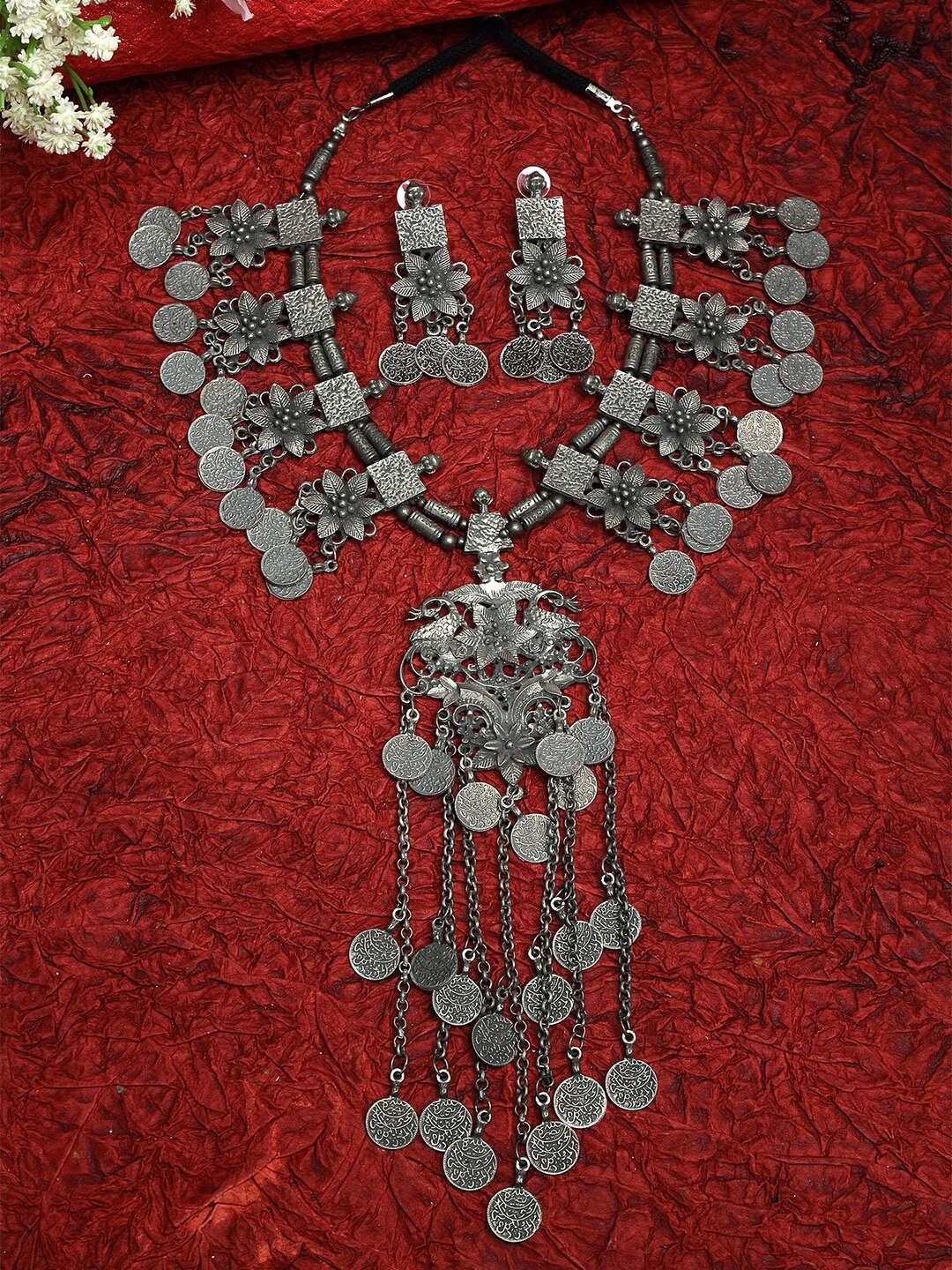 

Moedbuille Oxidised Silver-Plated Handcrafted Tribal Tasselled Floral Jewellery Set