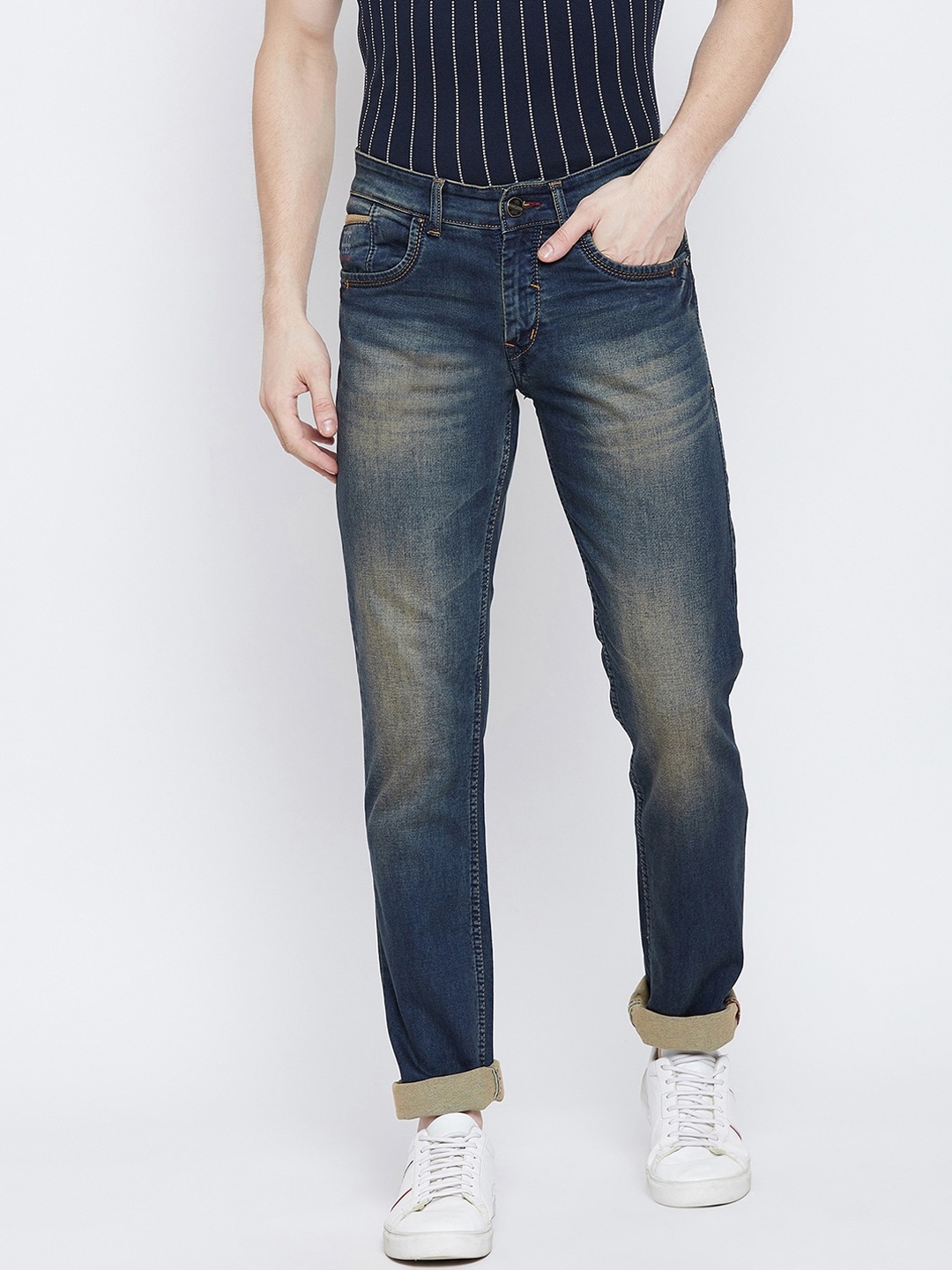

Crimsoune Club Men Blue Slim Fit Low Distress Heavy Fade Jeans