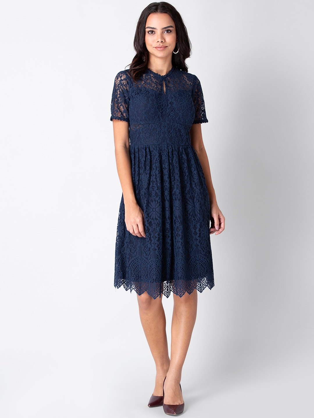 

FabAlley Navy Blue Floral Tie-Up Neck Lace Dress