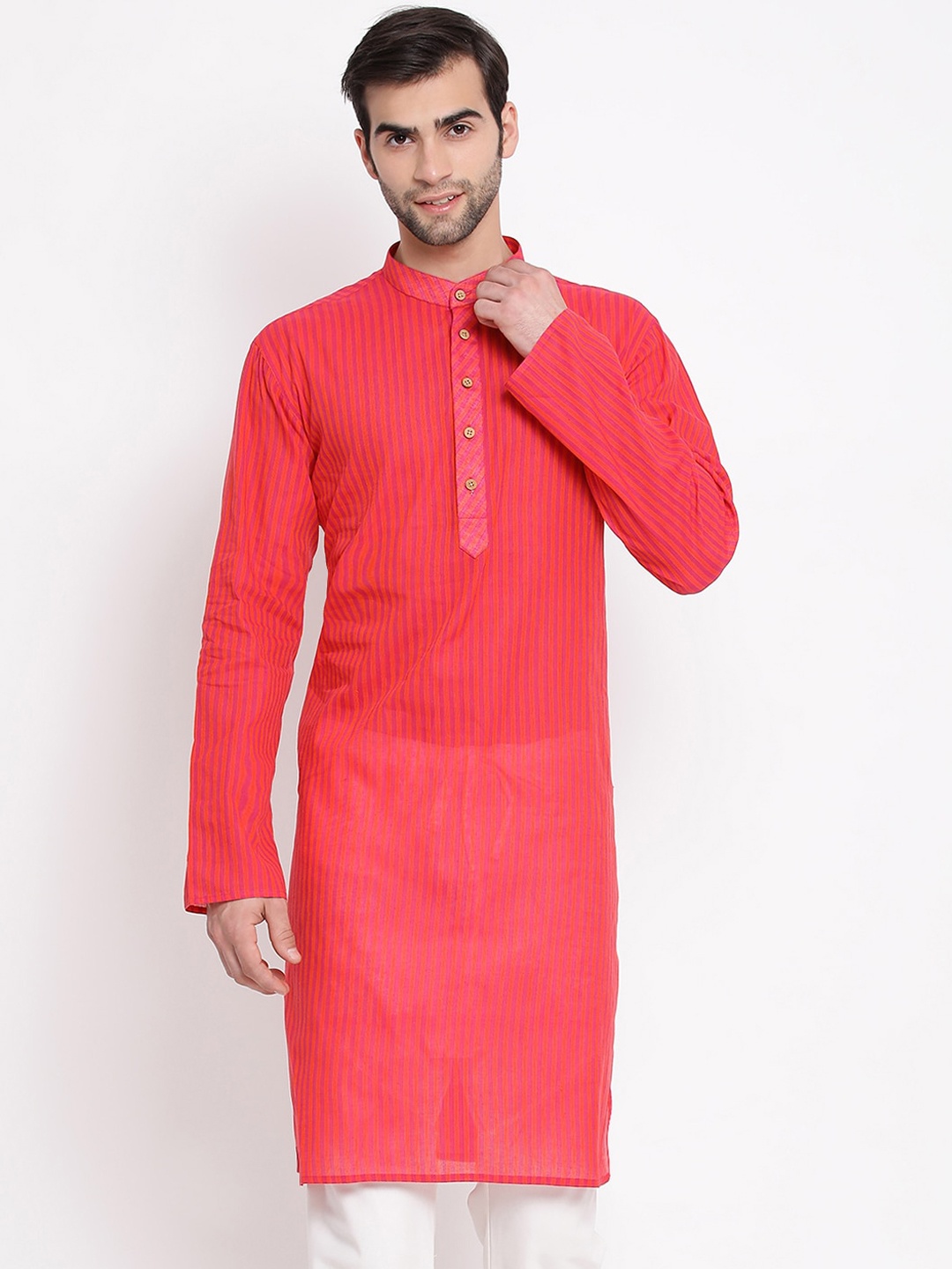 

VASTRAMAY Men Pink Striped Handloom Kurta