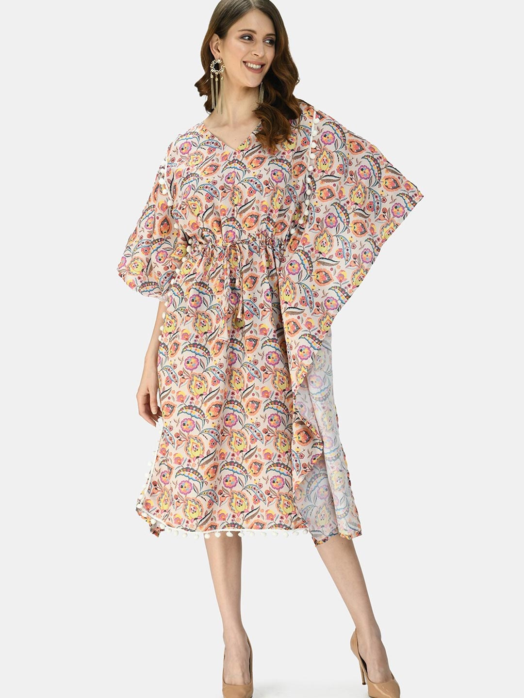 

Myshka Women Multicoloured Floral Kimono Sleeve Kaftan Longline Top, Multi