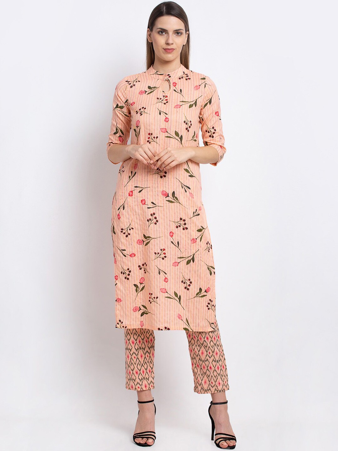 

emeros Women Peach Floral Printed Pure Cotton Kurti with Trousers