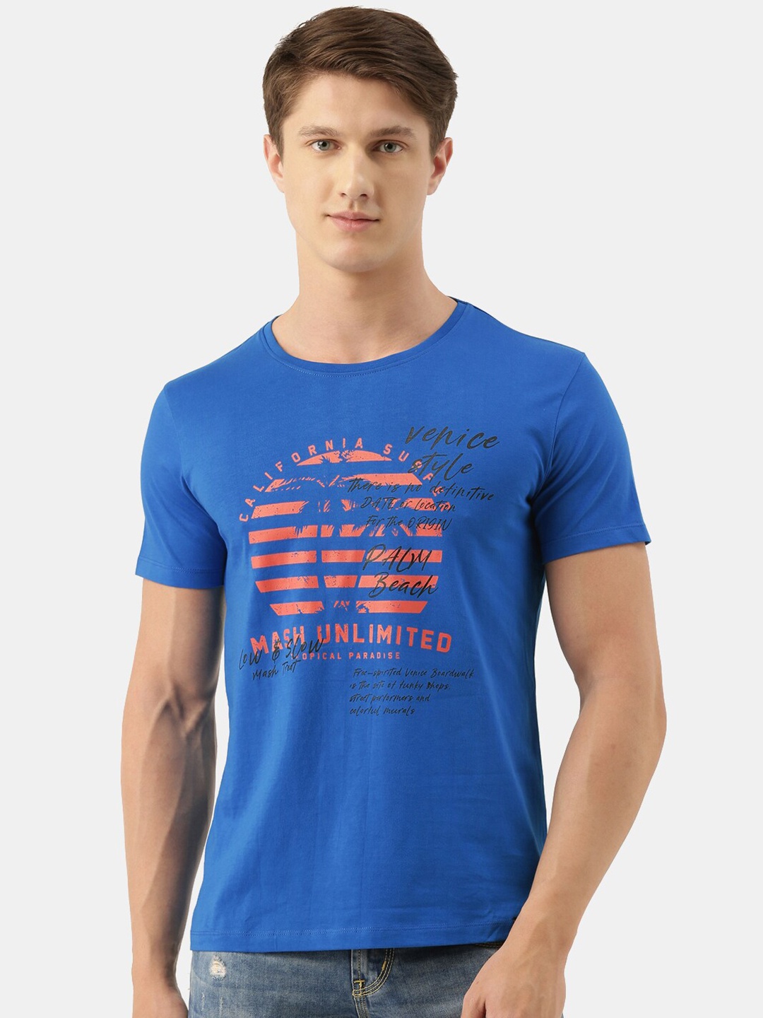 

MASH UNLIMITED Men Blue Typography Printed Slim Fit T-shirt