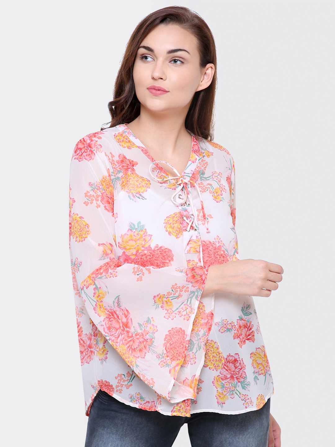 

Yaadleen White Floral Bell Sleeve Georgette Regular Top