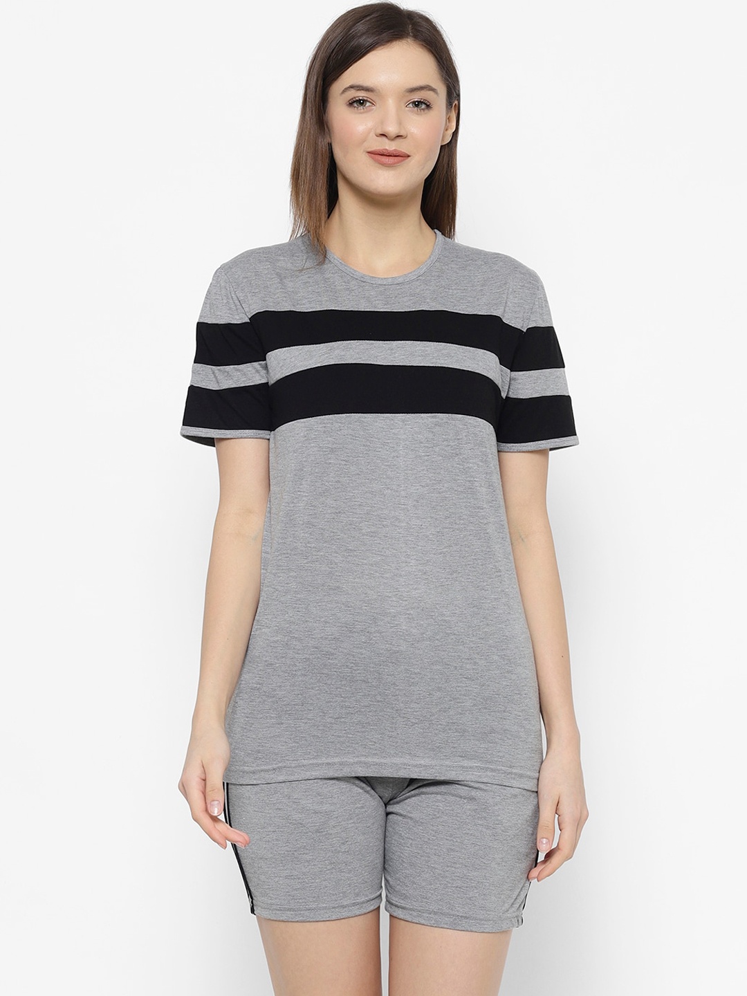 

VIMAL JONNEY Women Grey & Black Striped Night suit