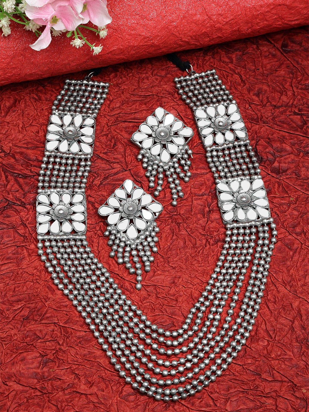 

Moedbuille Silver-Plated Mirrors-Studded Afghan Handcrafted Jewellery Set