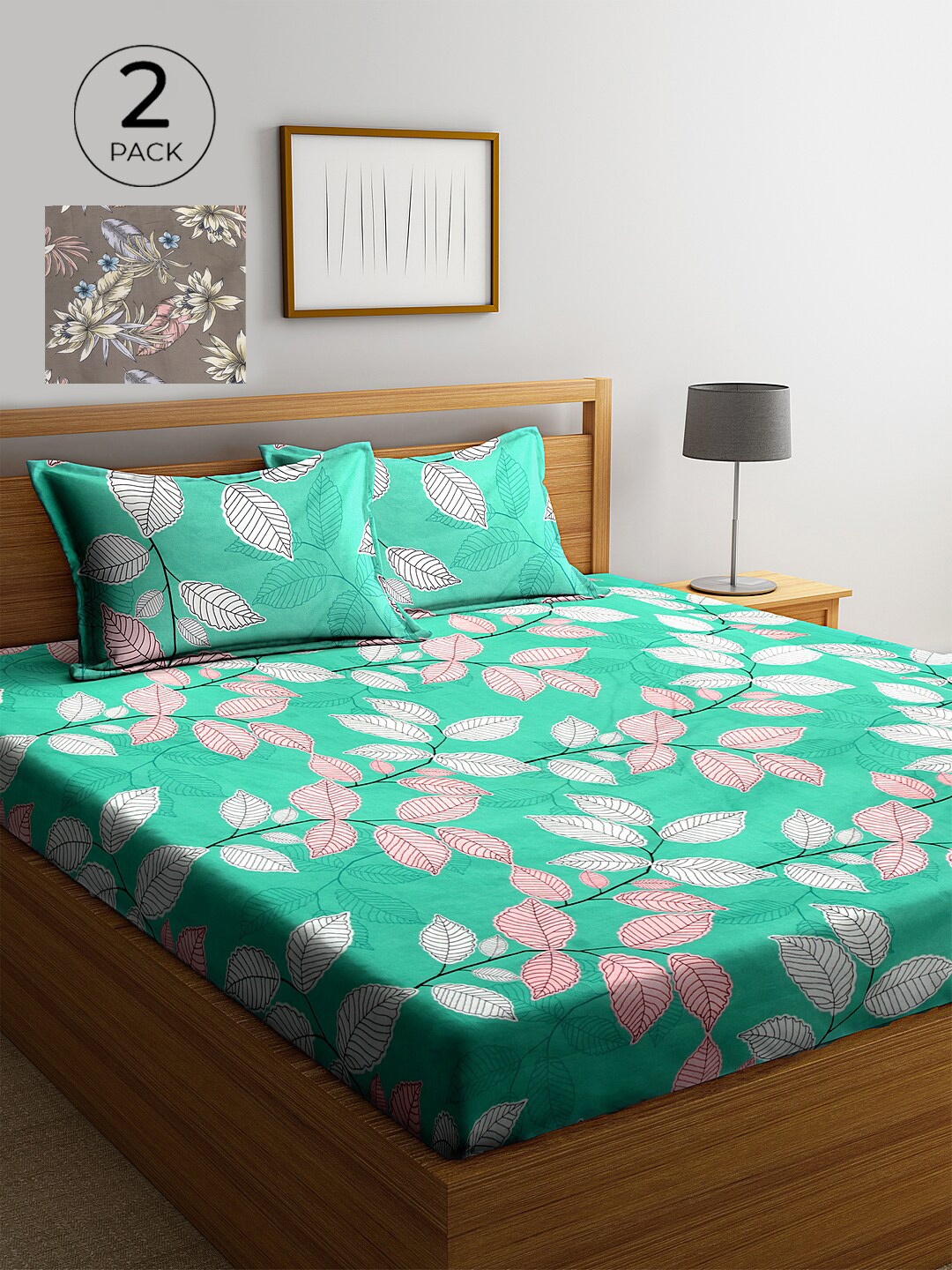 

KLOTTHE Green & Brown Floral 210 TC 2 Bedsheet With 4 Pillow Covers