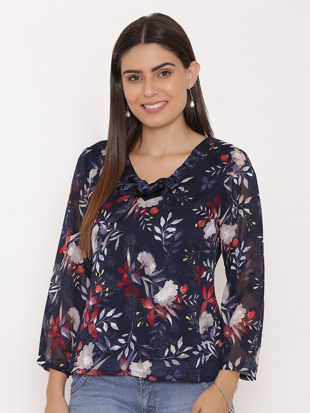 

Yaadleen Navy Blue Floral Chiffon Regular Top