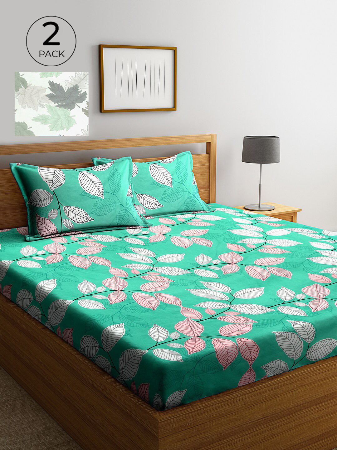

KLOTTHE Pack Of 2 Off White & Green Floral 210 TC King Bedsheet with 4 Pillow Covers