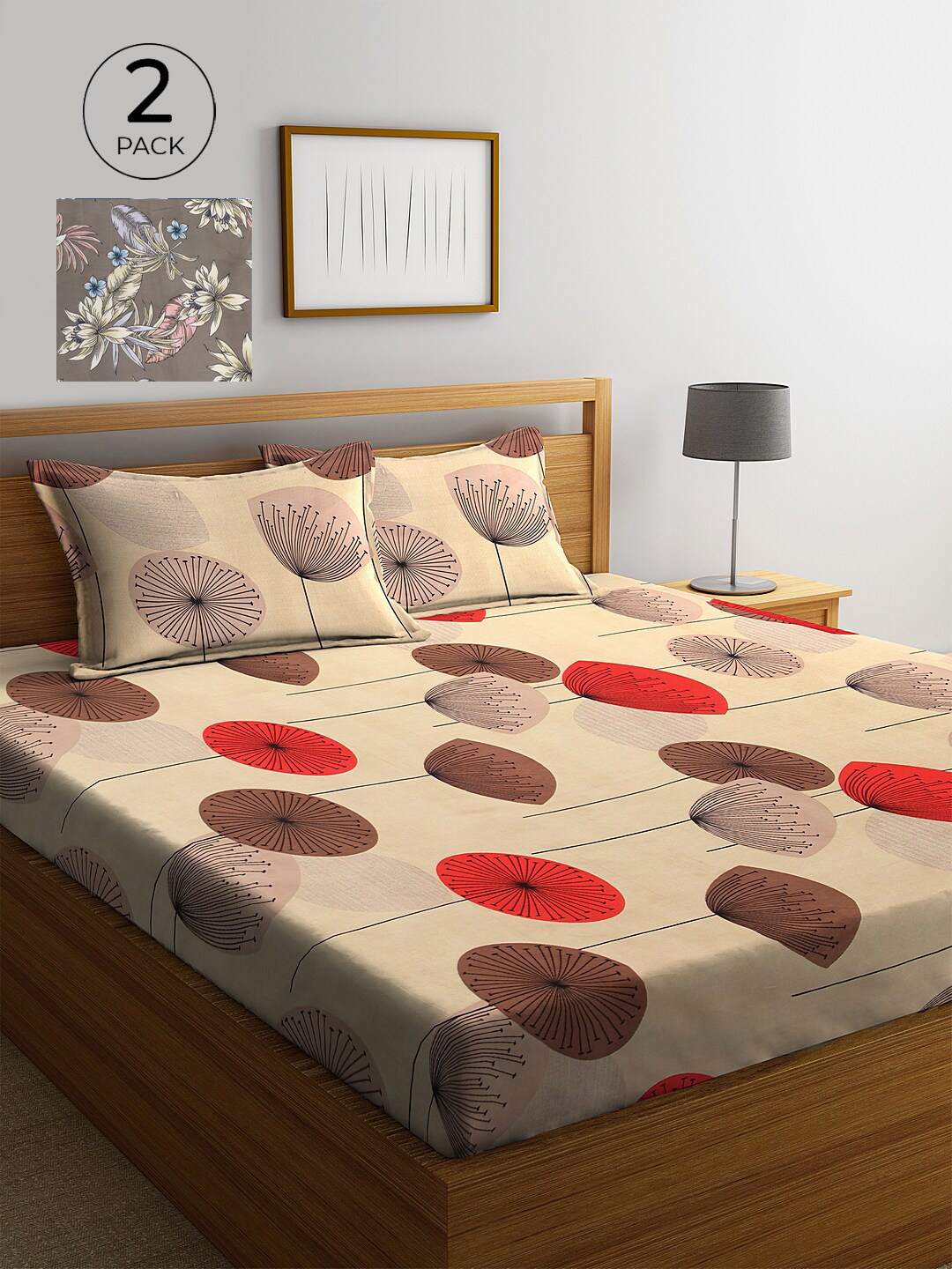 

KLOTTHE Cream & Brown Floral 210 TC 2 King Bedsheet with 4 Pillow Covers