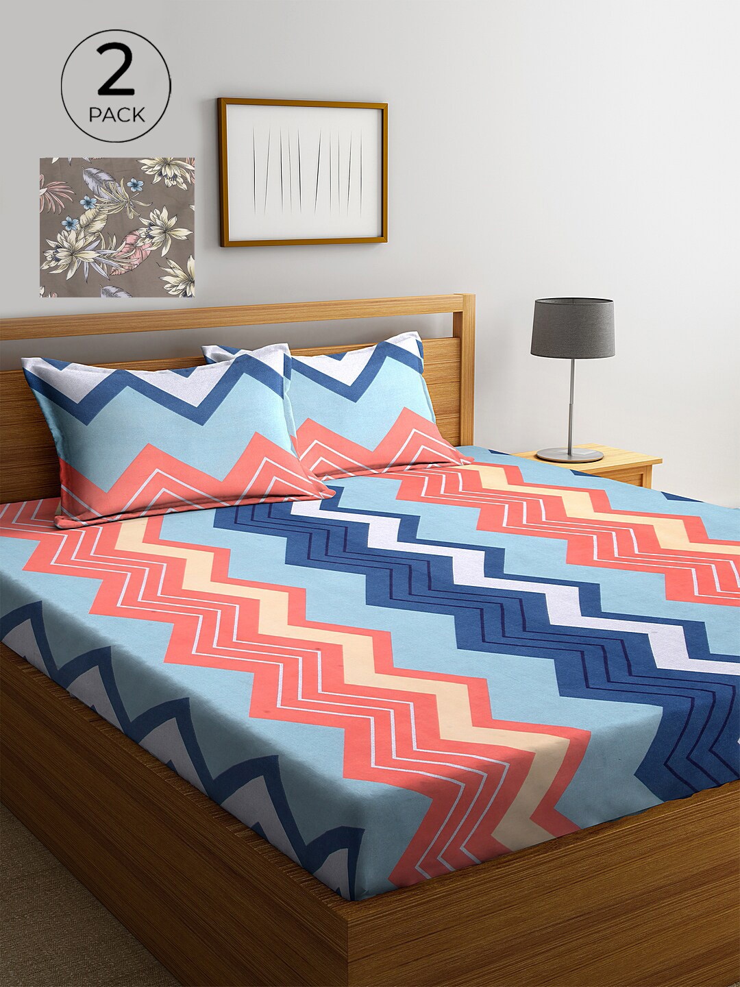 

KLOTTHE Grey & Blue Striped 210 TC 2 King Bedsheet with 4 Pillow Covers
