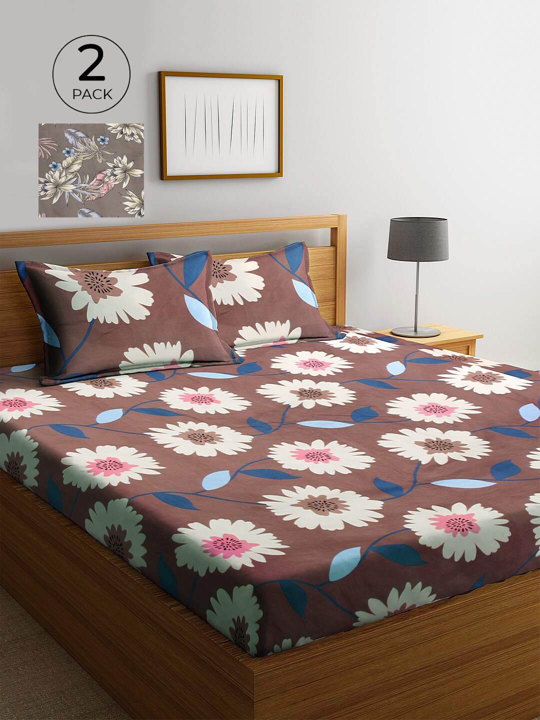 

KLOTTHE Brown & Blue Floral 210 TC 2 King Bedsheet with 4 Pillow Covers