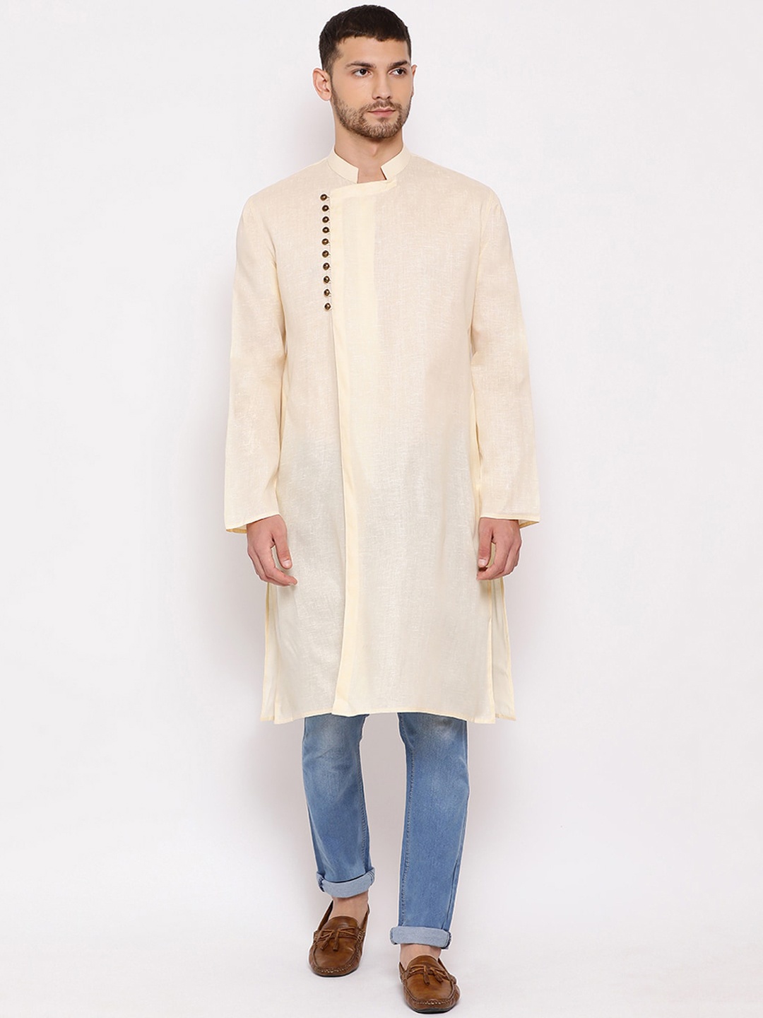 

VASTRAMAY Men Cream-Coloured Angrakha Cotton Kurta