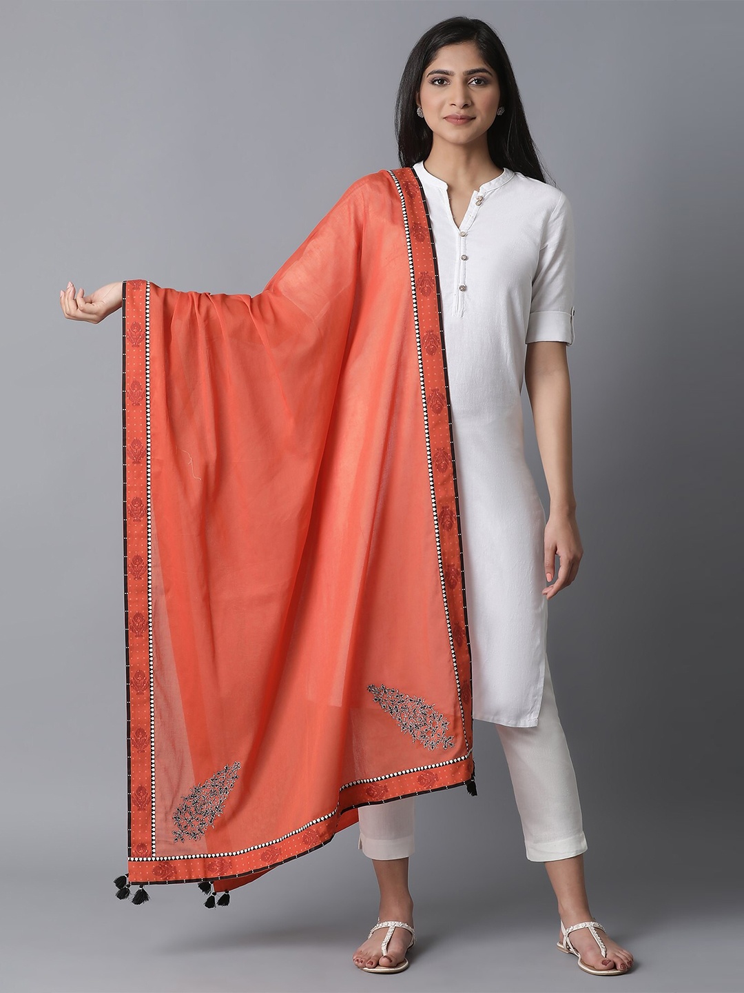 

W Orange & Black Embroidered Pure Cotton Dupatta with Zari