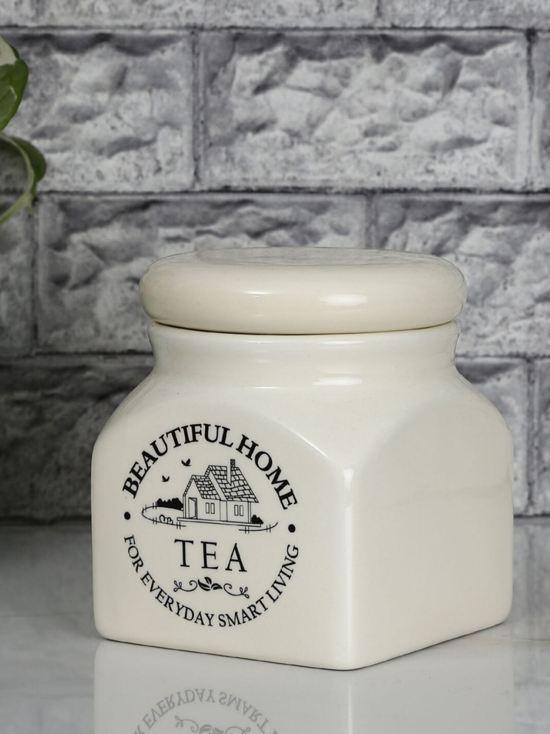 Homecentre Beige Printed Dolomite Beautiful Home Tea Canister 870 ML