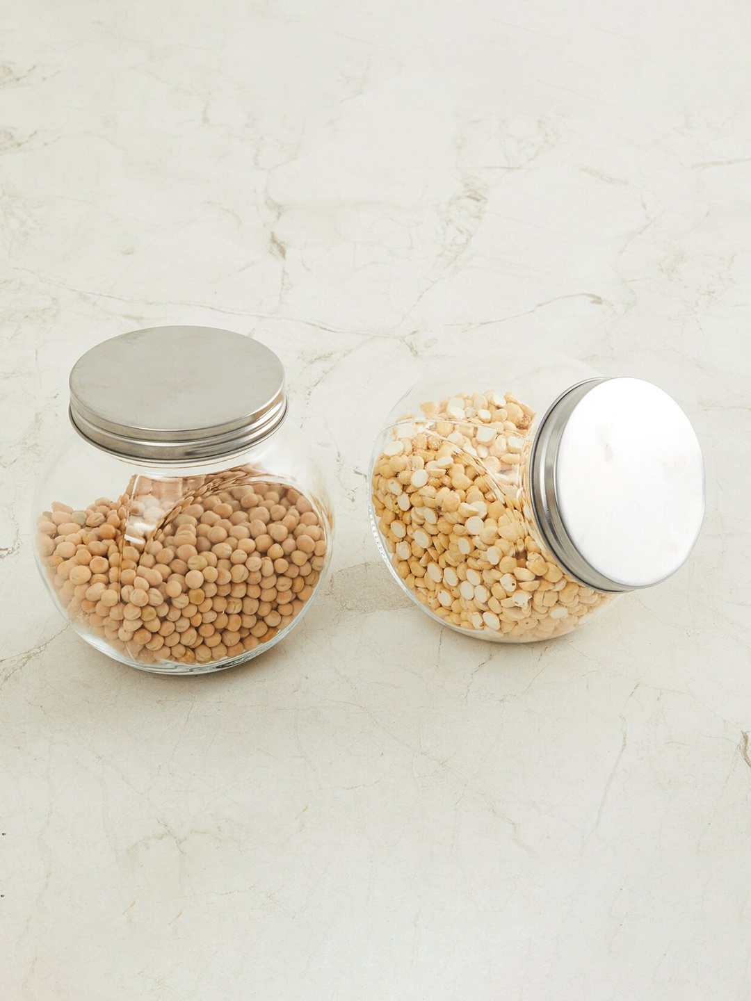 

Home Centre Set Of 2 Transparent & Silver-Toned Palestine Hexa Glass Jar With Lid