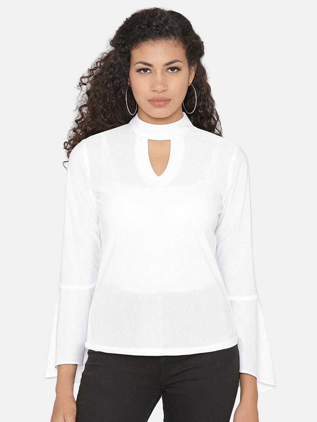 

Yaadleen White Keyhole Neck Bell Sleeve Regular Top