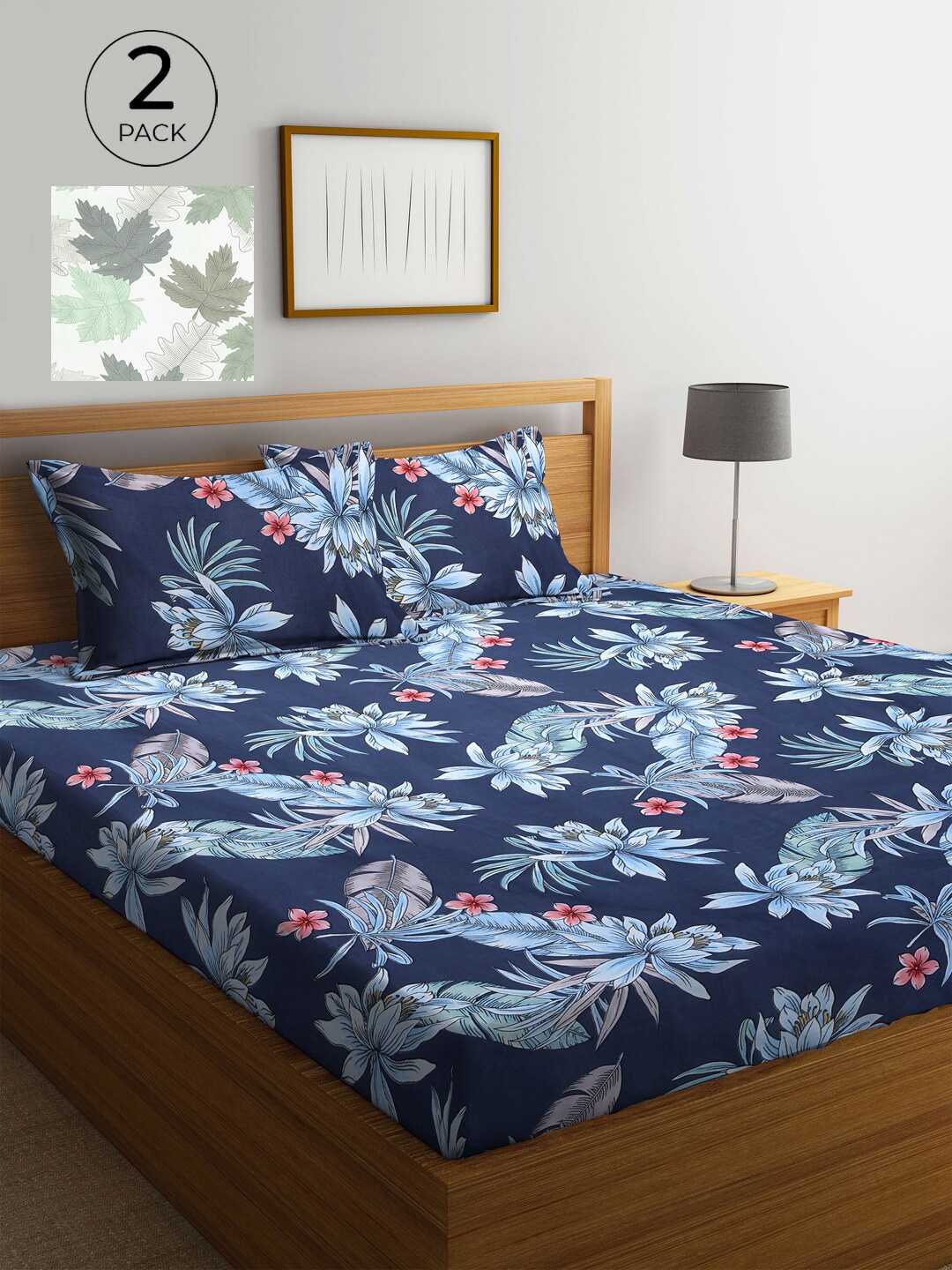 KLOTTHE Floral 210 TC 2 King Bedsheet with 4 Pillow Covers, Navy blue