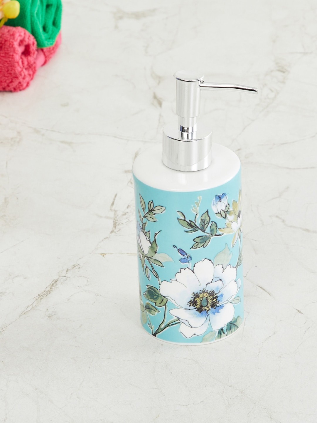

Home Centre Turquoise Blue & White Floral Printed Grey Radiance Ceramic Soap Dispenser