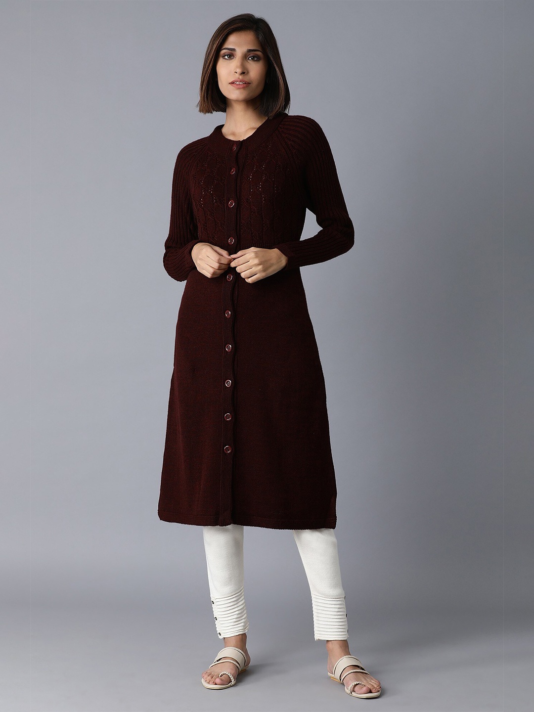 

W Maroon Self Design Knitted Tunic