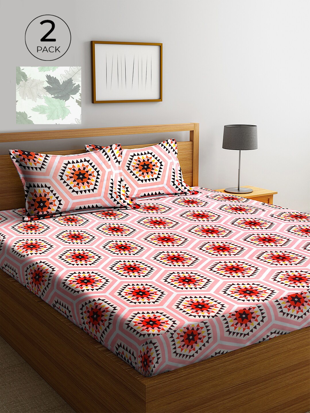 

KLOTTHE White & Pink Geometric 210 TC 2 King Bedsheet with 4 Pillow Covers
