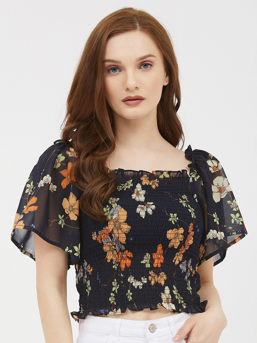 

Harpa Navy Blue Floral Bell Sleeve Georgette Regular Crop Top