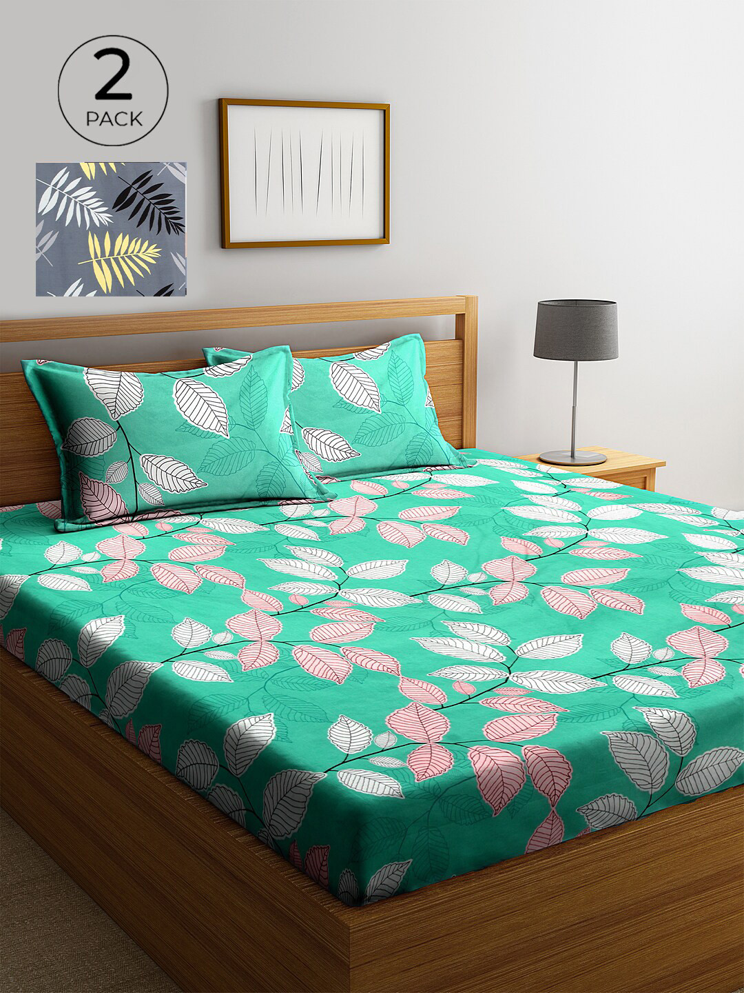 

KLOTTHE Green & Grey Floral 210 TC 2 King Bedsheet with 4 Pillow Covers