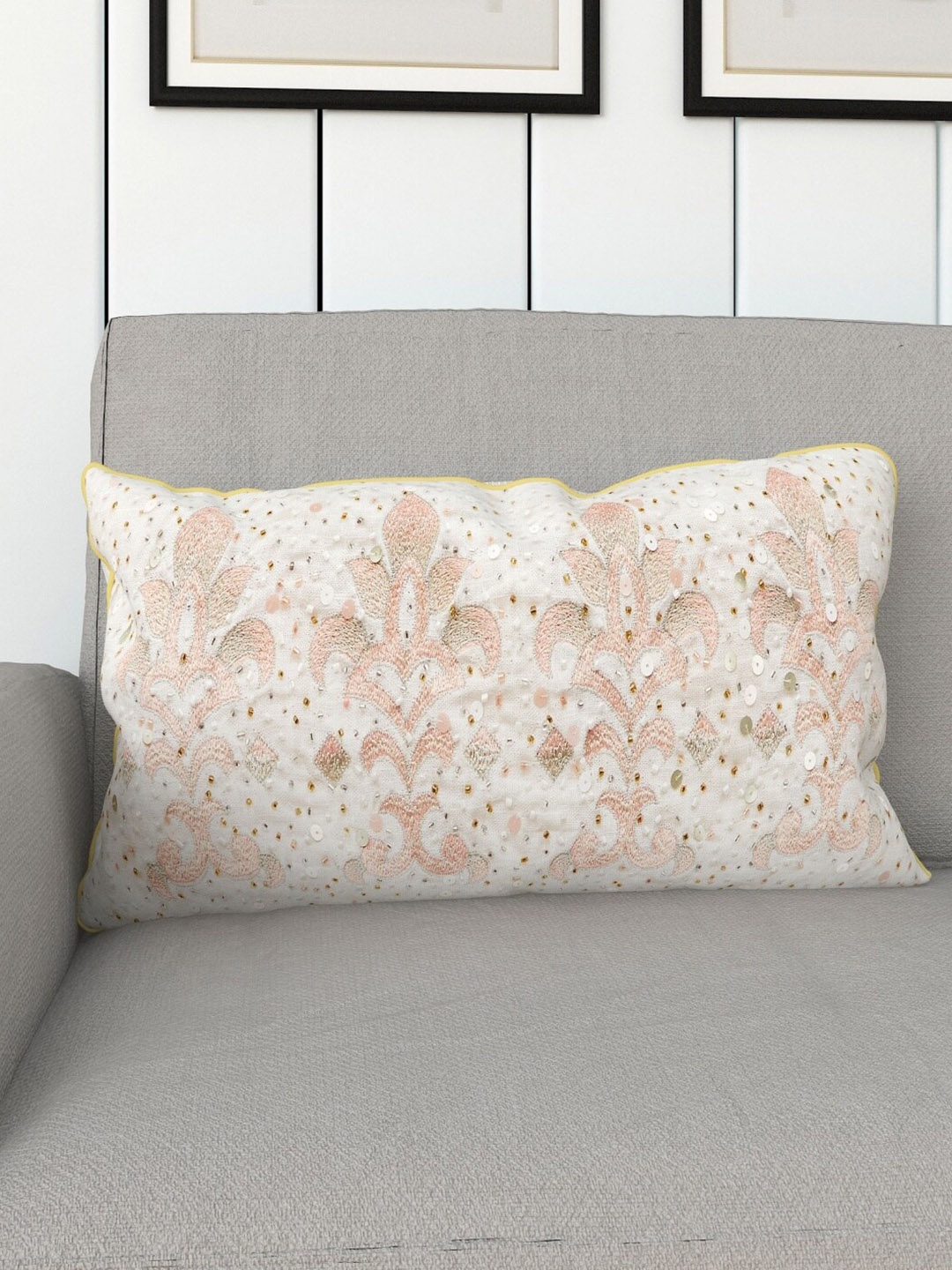 

Home Centre White & Pink Ikat Yorick Embellished Filled Cushion