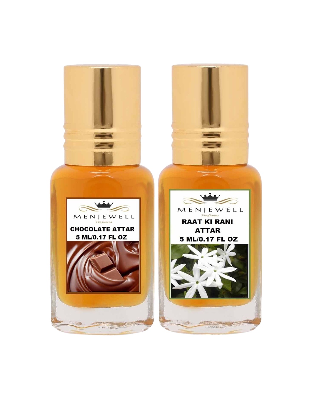 Menjewell Unisex Pack of 2 Raat Ki Rani Attar & Chocolate Attar - 5 ml Each, Transparent