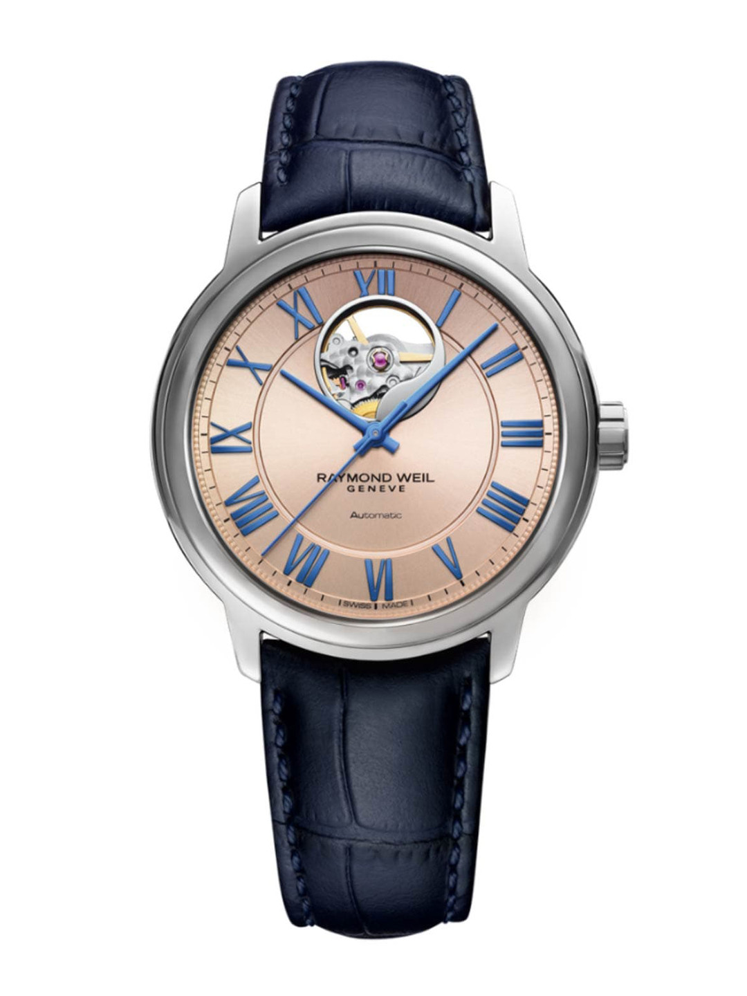 

Raymond Weil Men Pink Skeleton Dial & Blue Leather Straps Analogue Automatic Motion Powered Watch