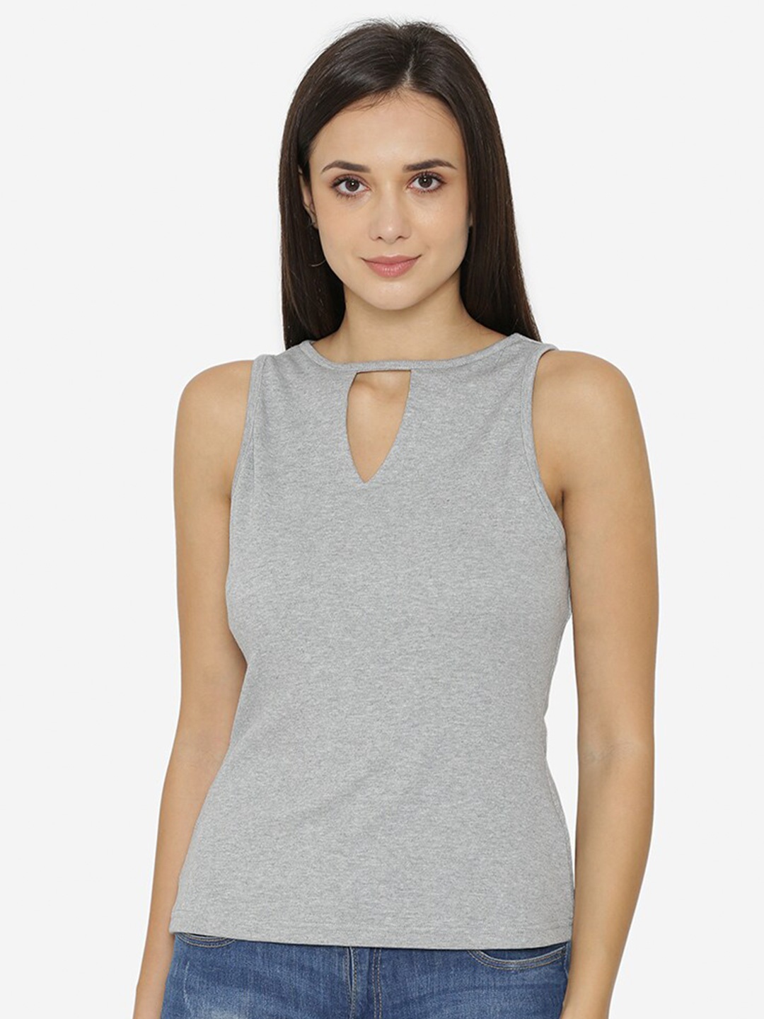 

Yaadleen Grey Keyhole Neck Regular Top
