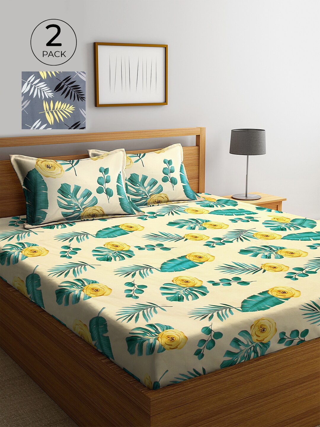 

KLOTTHE Yellow & Grey Floral 210 TC 2 King Bedsheet with 4 Pillow Covers