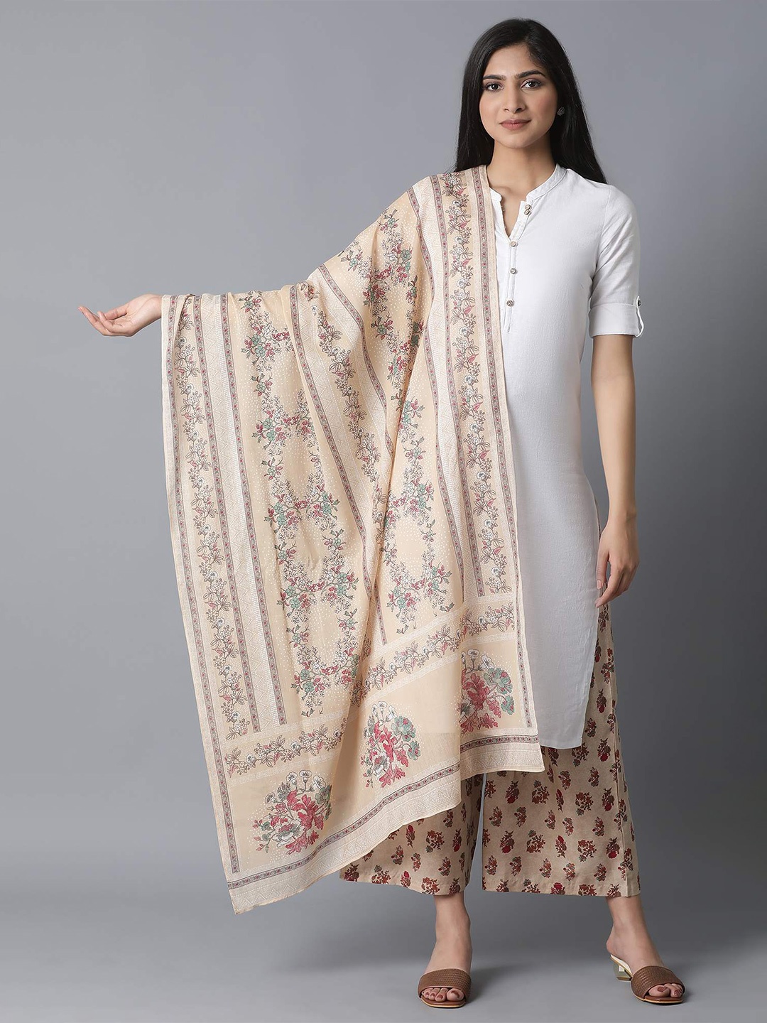 

W Beige & Red Printed Pure Cotton Dupatta