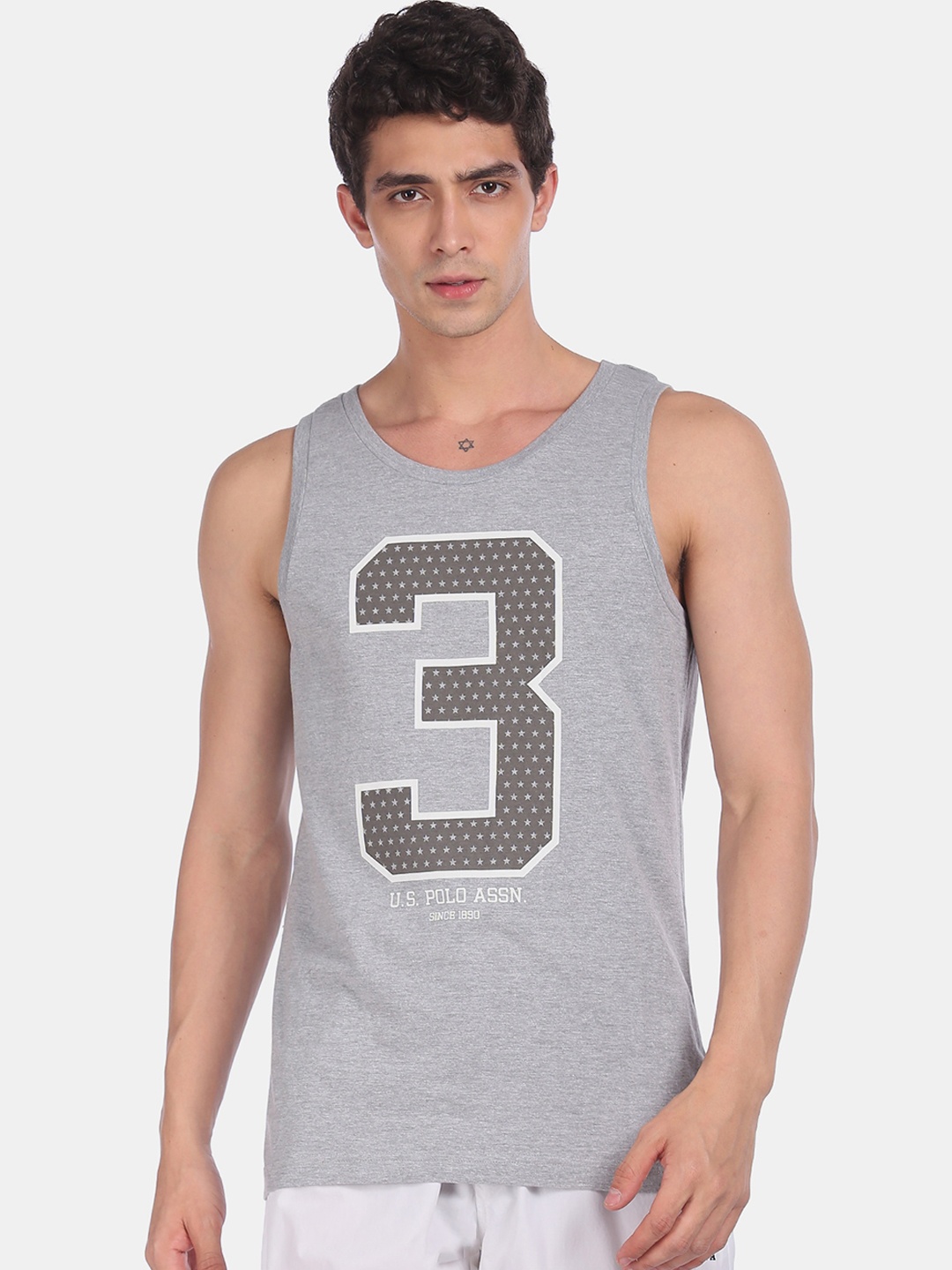 

U.S. Polo Assn.Men Grey Printed Pure Cotton Gym Vest
