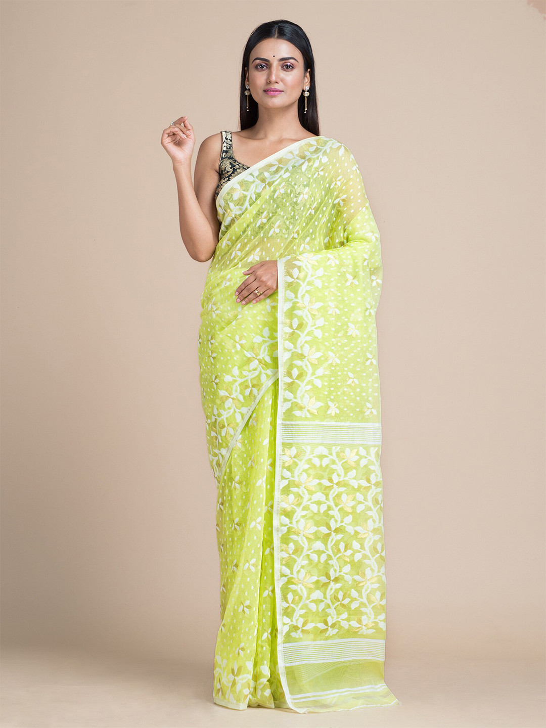 

Mitera Lime Green & White Floral Jamdani Saree