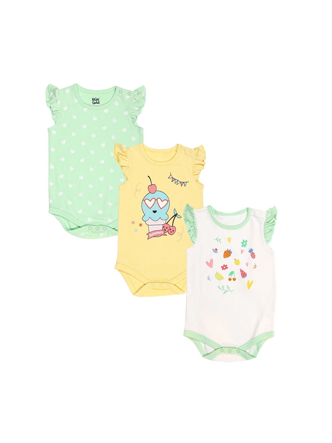 KICKS & CRAWL Infants Girls Pack of 3 Printed Cotton Bodysuits, White
