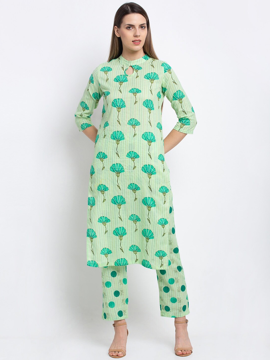

emeros Women Green Floral Printed Pure Cotton Kurta with Palazzos