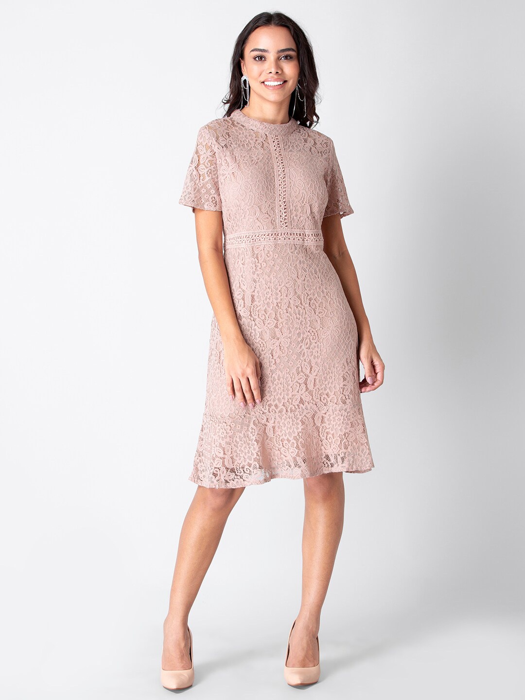 

FabAlley Pink Floral Lace A-Line Dress