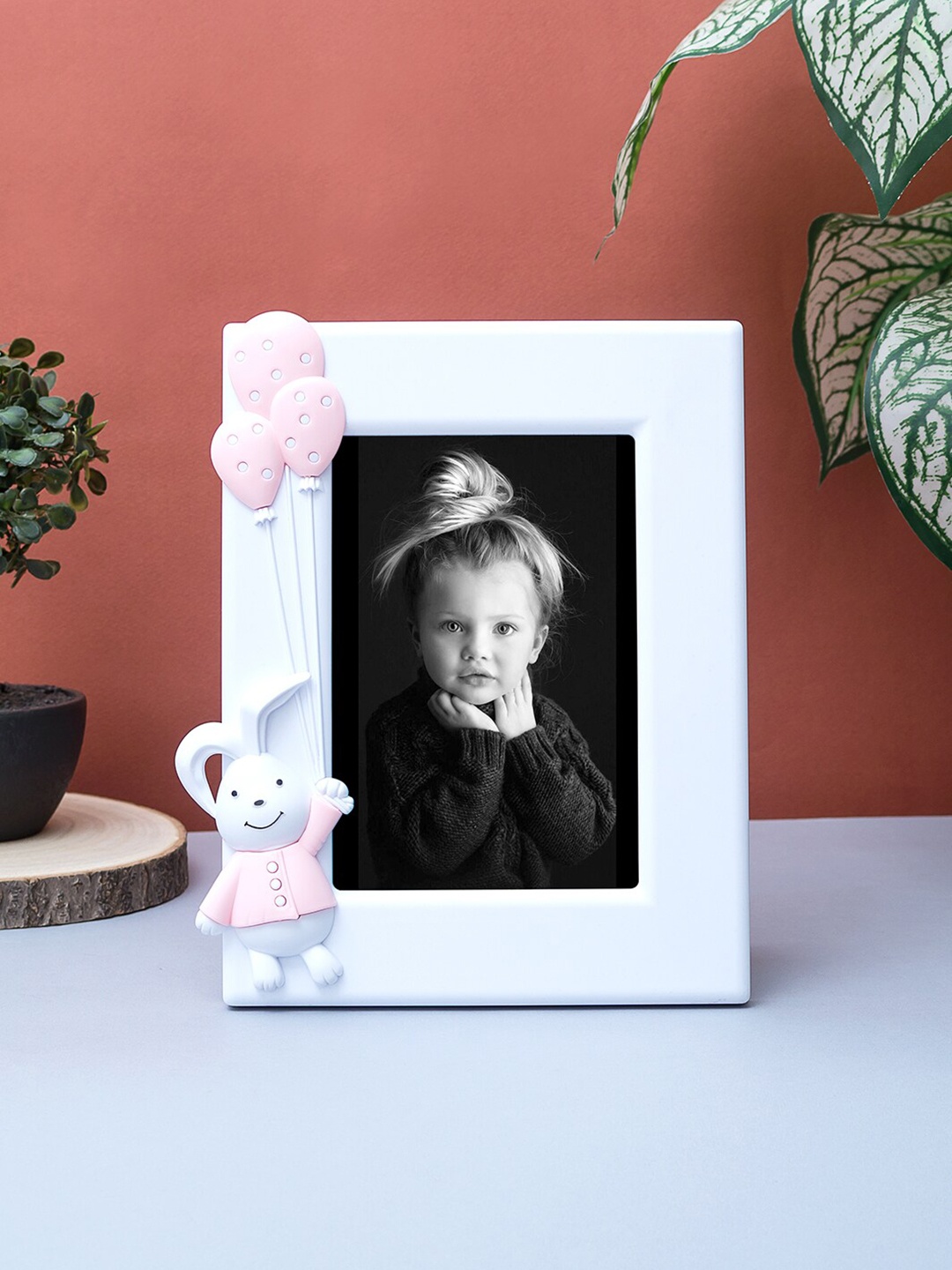 

Golden Peacock Pink & White Bunny Rabbit Embossed Table Photo Frame