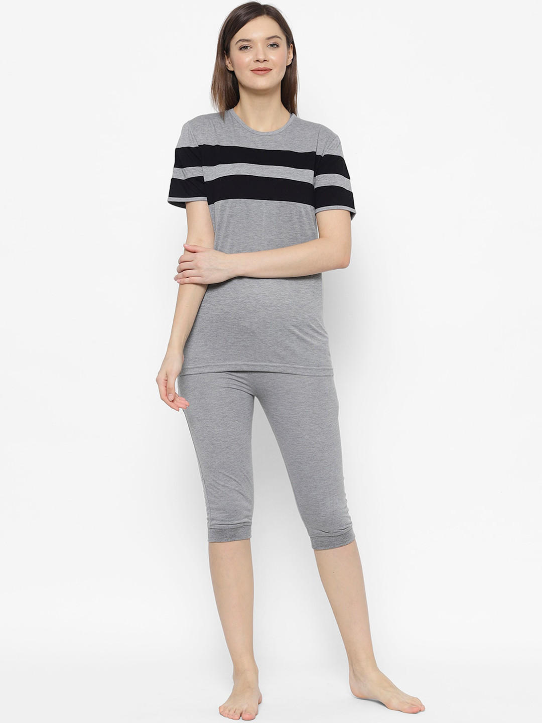 

VIMAL JONNEY Women Grey & Black Striped Night suit