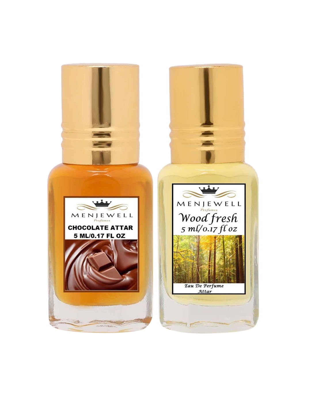 

Menjewell Unisex Pack of 2 Wood Fresh & Chocolate Attar - 5 ml Each, Transparent